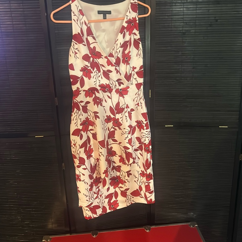 Banana Republic white v neck knee length dress with red floral pattern